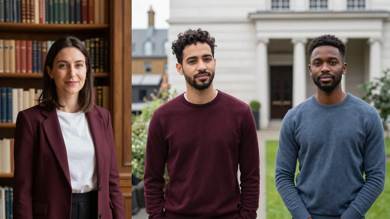 Three diverse professionals in elegant attire, each in a distinct London setting.