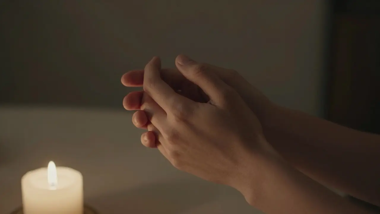 Two hands gently holding each other's wrist in a candlelit room, symbolizing consent and emotional connection.