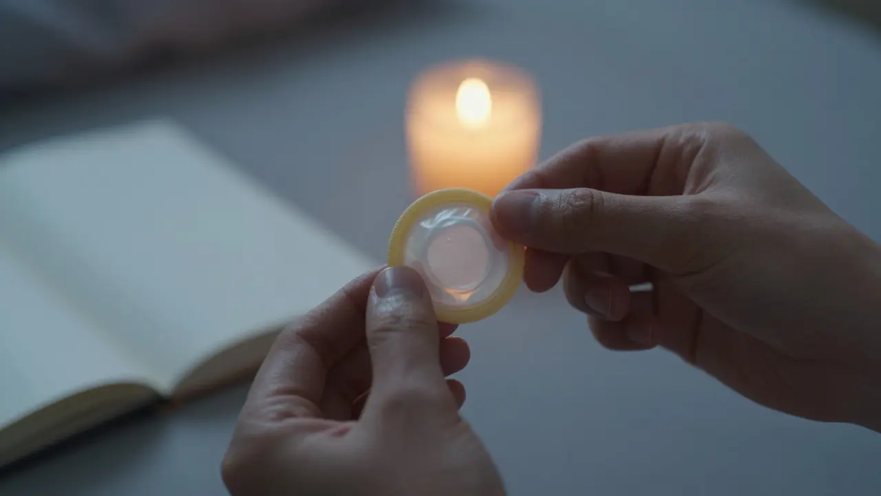 Two hands holding a folded dental dam under warm candlelight, symbolizing care and consent.