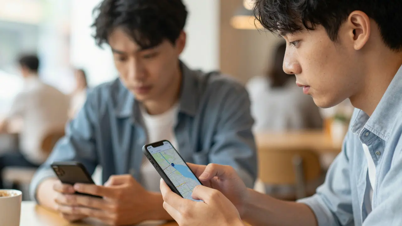 Two people in café, one checking location map, other observing surroundings