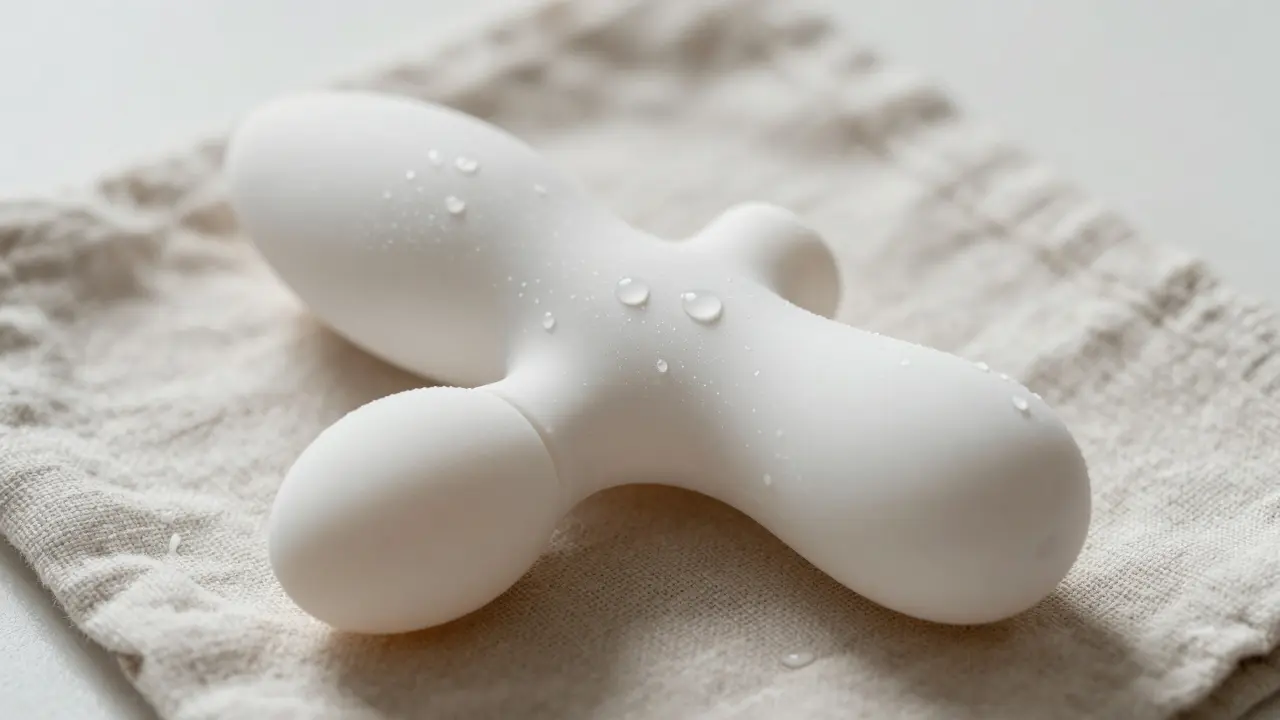 A close-up of a water-droplet-covered silicone dildo on textured linen, highlighting hygiene and design.