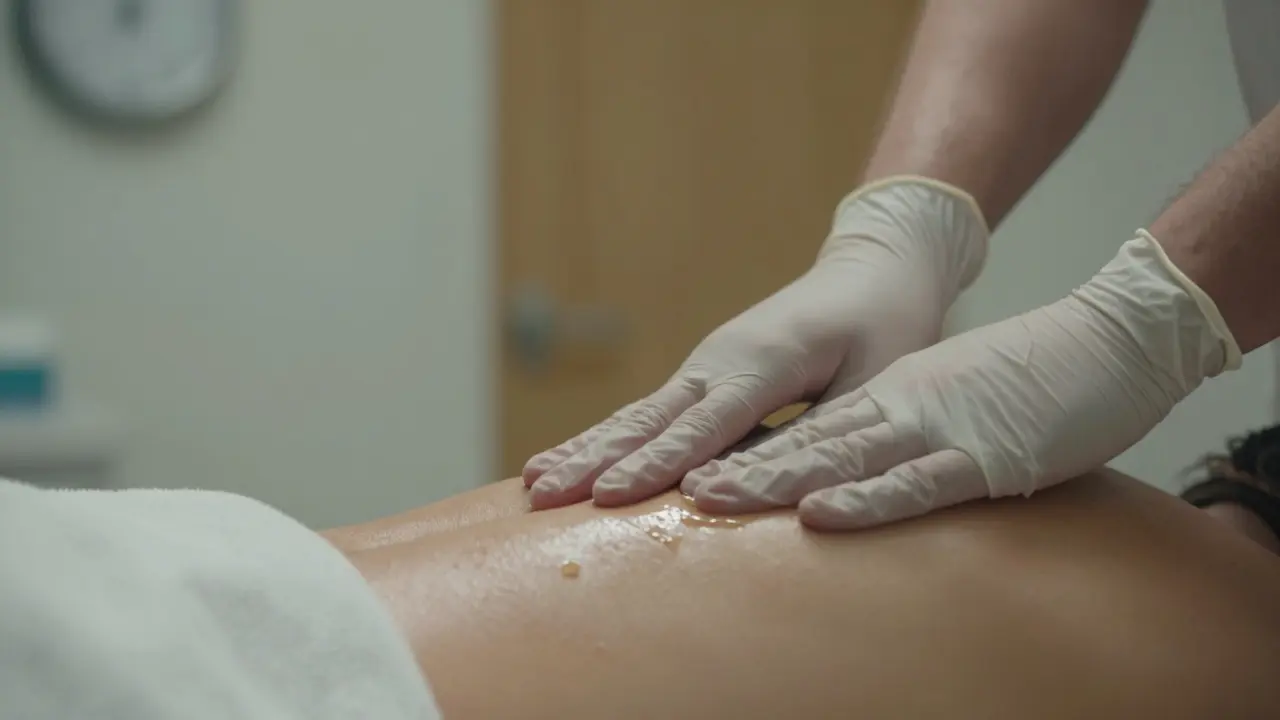 A gloved hand applying gentle pressure during a professional prostate massage session.