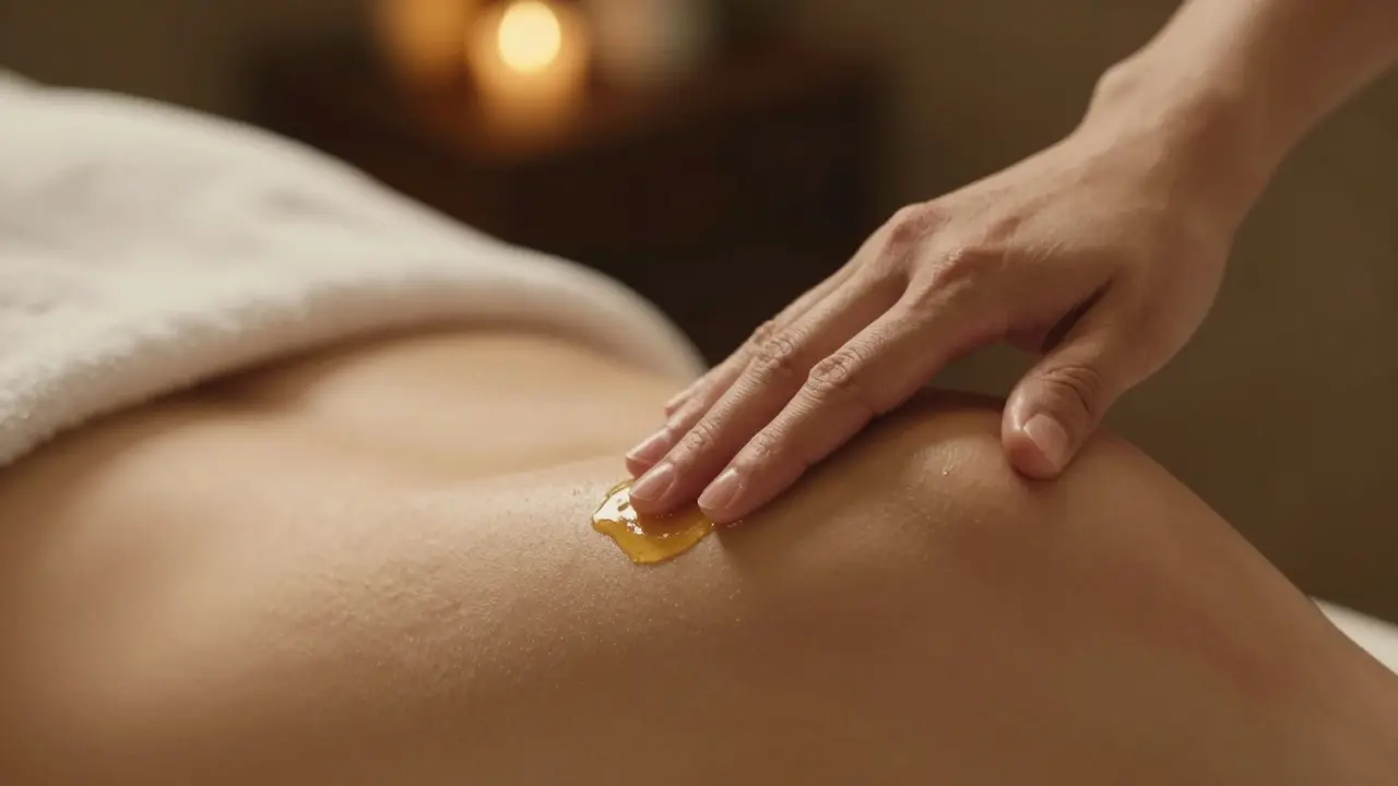 A hand gently applying oil to a man’s thigh in soft, focused light, conveying calm and mindful touch.