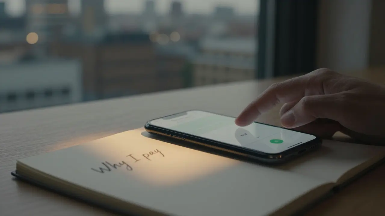 A hand hovers over a phone screen about to send a payment, with a city skyline reflected in the glass.