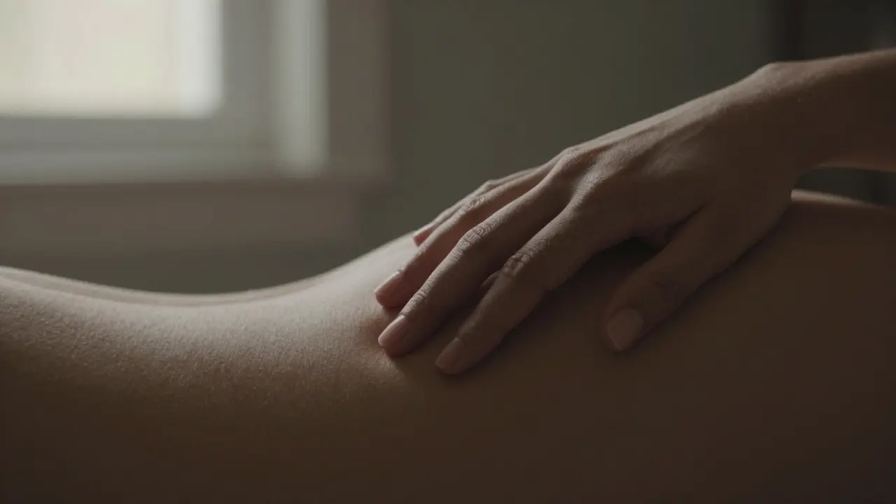 A hand rests gently on a thigh, lit by natural window light with soft shadows defining form.
