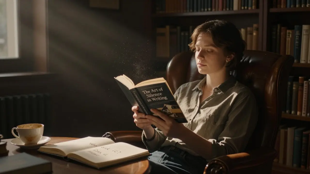 A lone reader sits in a quiet library, holding a book titled 'The Art of Silence in Writing.'