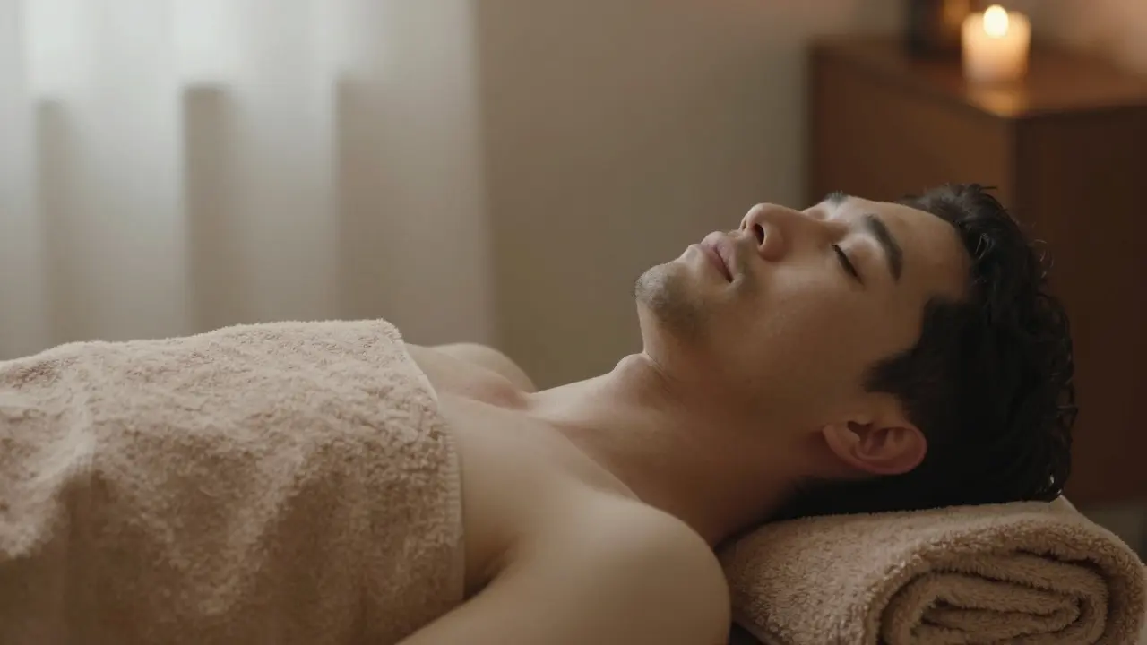 A man lying peacefully with a warm towel over his lap, eyes closed, radiating deep relaxation and inner calm.