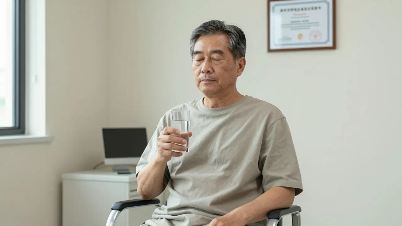 A man sitting calmly after a prostate massage, drinking water in a quiet clinic.