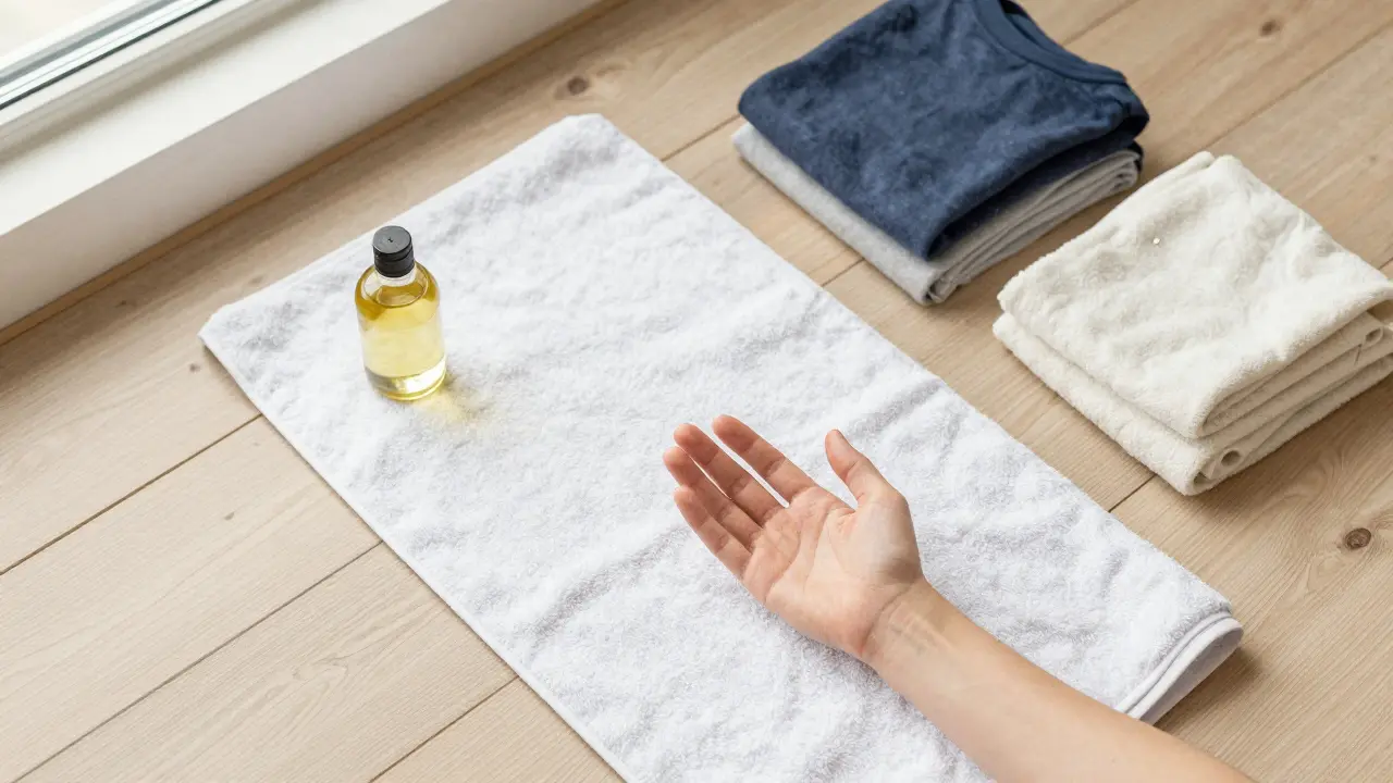 A minimalist setup for sensual massage: towel, oil bottle, and folded clothes in soft natural light.
