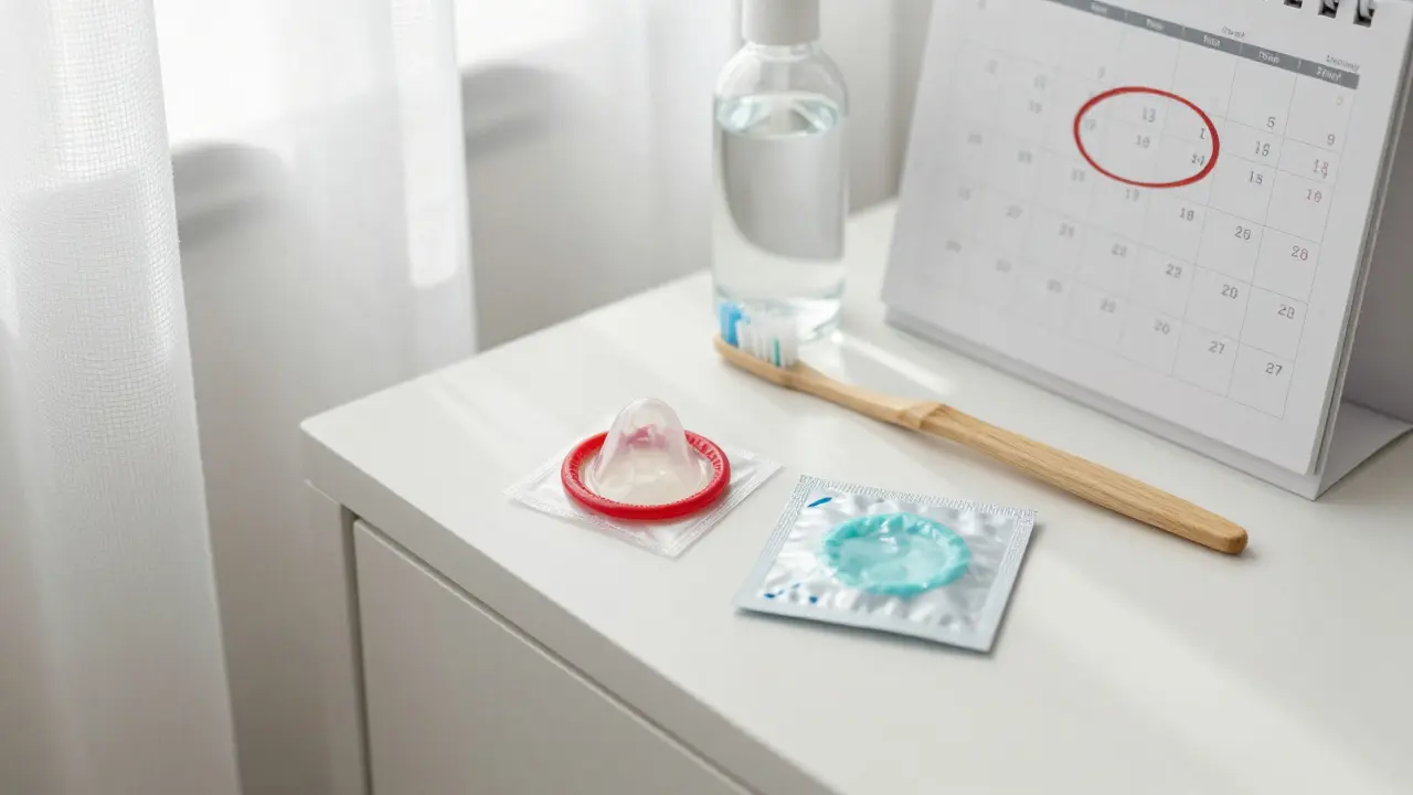 A nightstand with a condom, dental dam, toothbrush, and test appointment marked on a calendar.