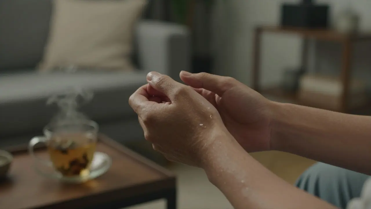 A pair of hands holding each other with oil still on skin, beside a steaming cup of tea in a cozy room.