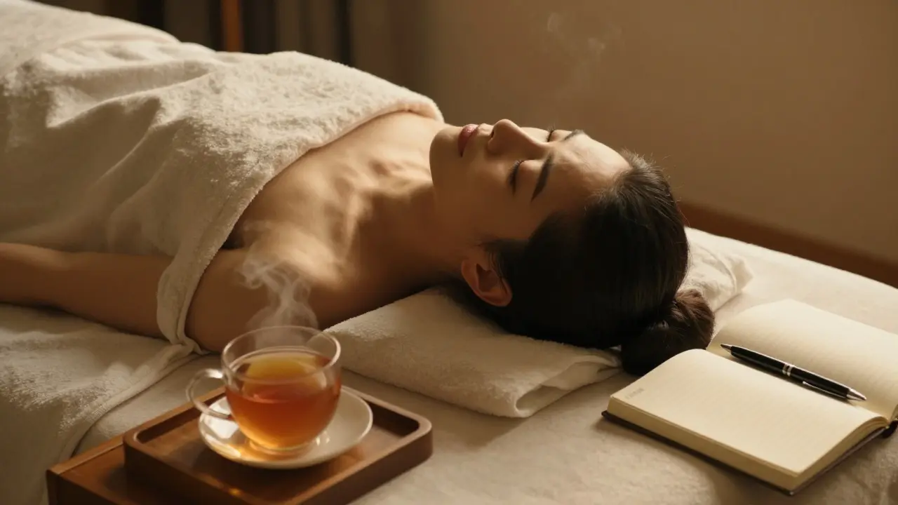 A person lying peacefully on a massage table, fully draped, with a cup of tea nearby.