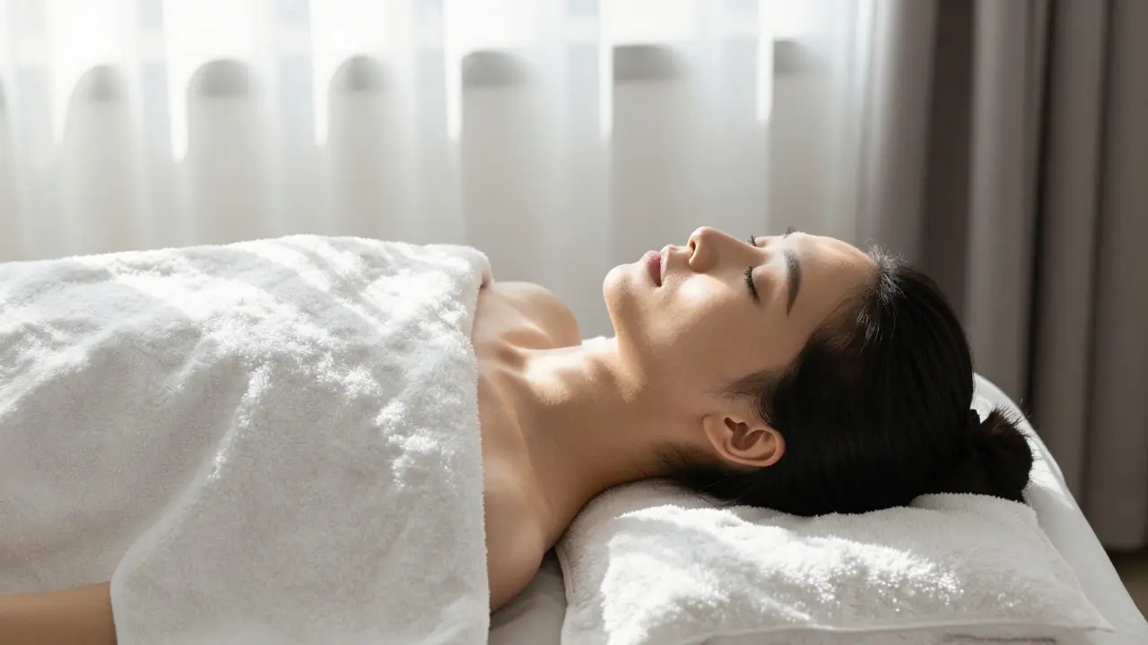 A person lying peacefully under a towel on a massage table, eyes closed in calm repose.