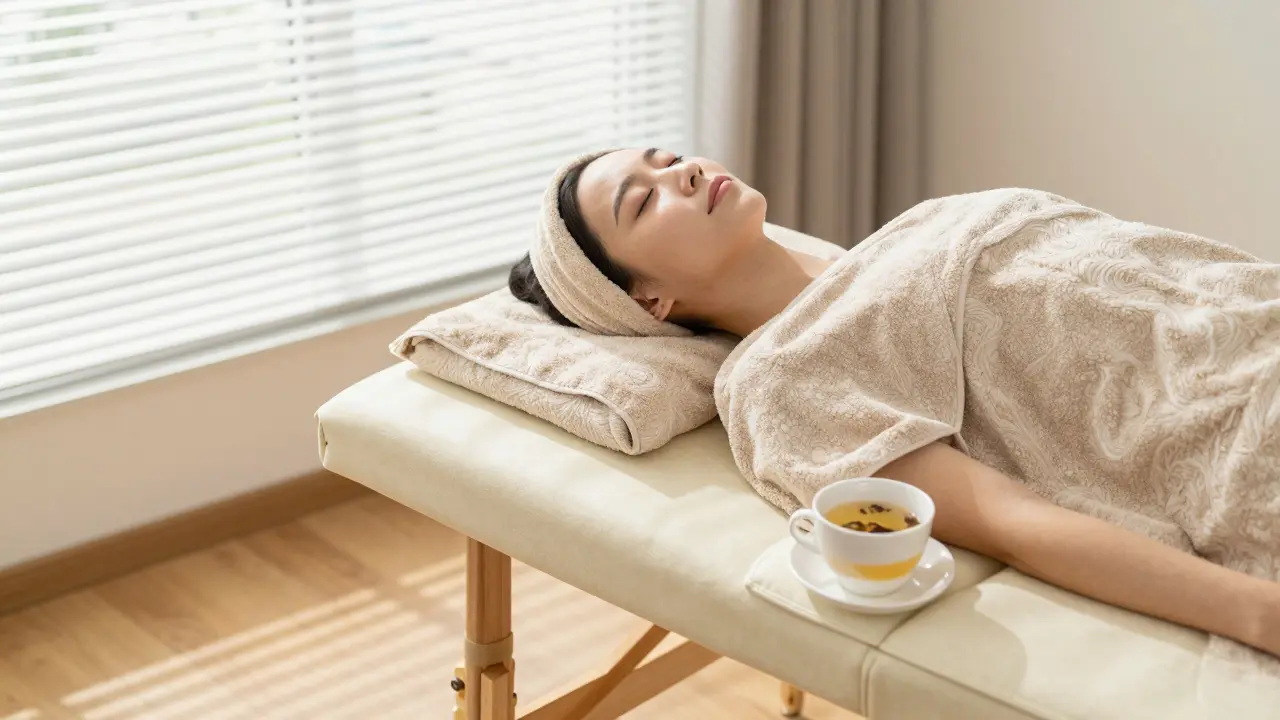 A person resting peacefully on a massage table, covered with a towel, with a foam roller nearby.