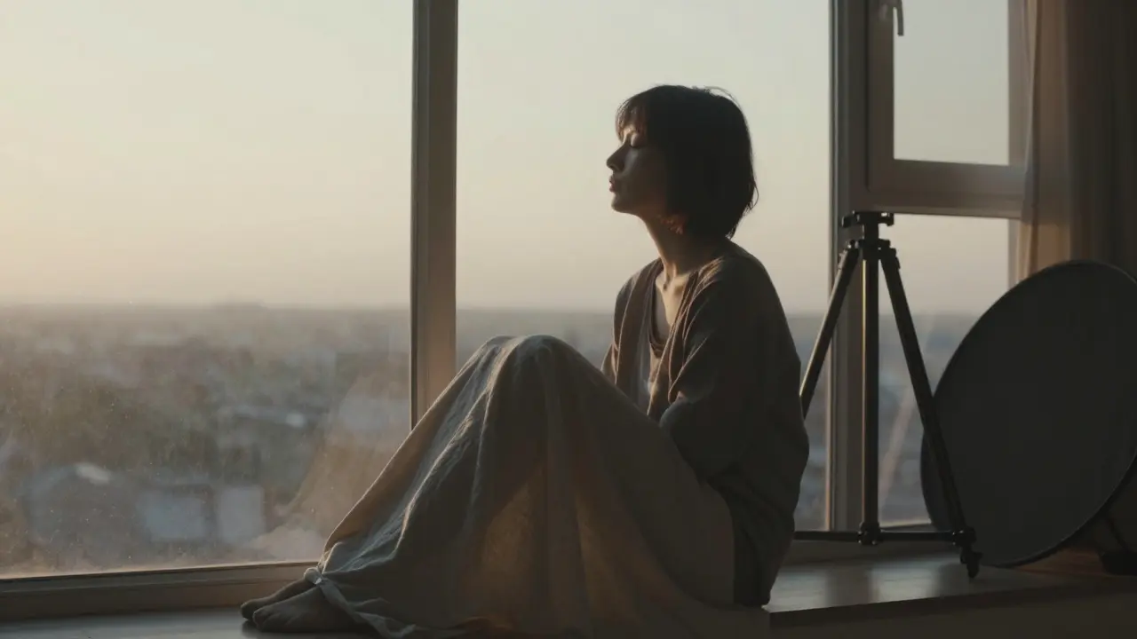 A person sits by a window, eyes closed, their silhouette outlined by golden afternoon light.