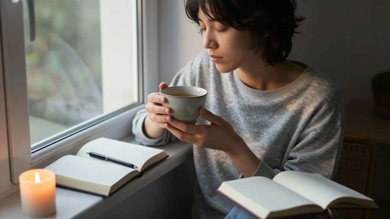 A person sitting quietly after a massage, holding tea by a windowsill with a candle and journal.