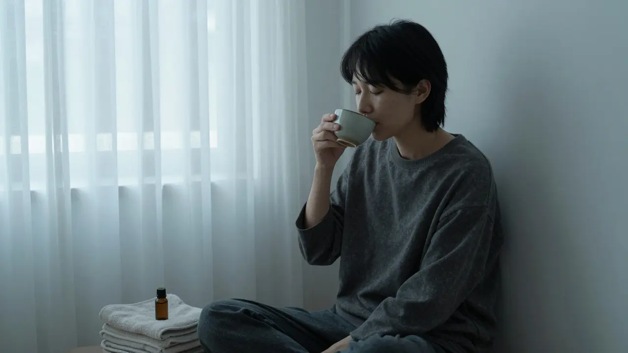 A person sitting quietly after a massage, sipping tea with eyes closed in a serene room.