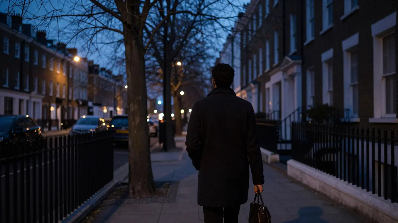A person walking away from a residential building at dusk in East London, no face visible, twilight atmosphere.