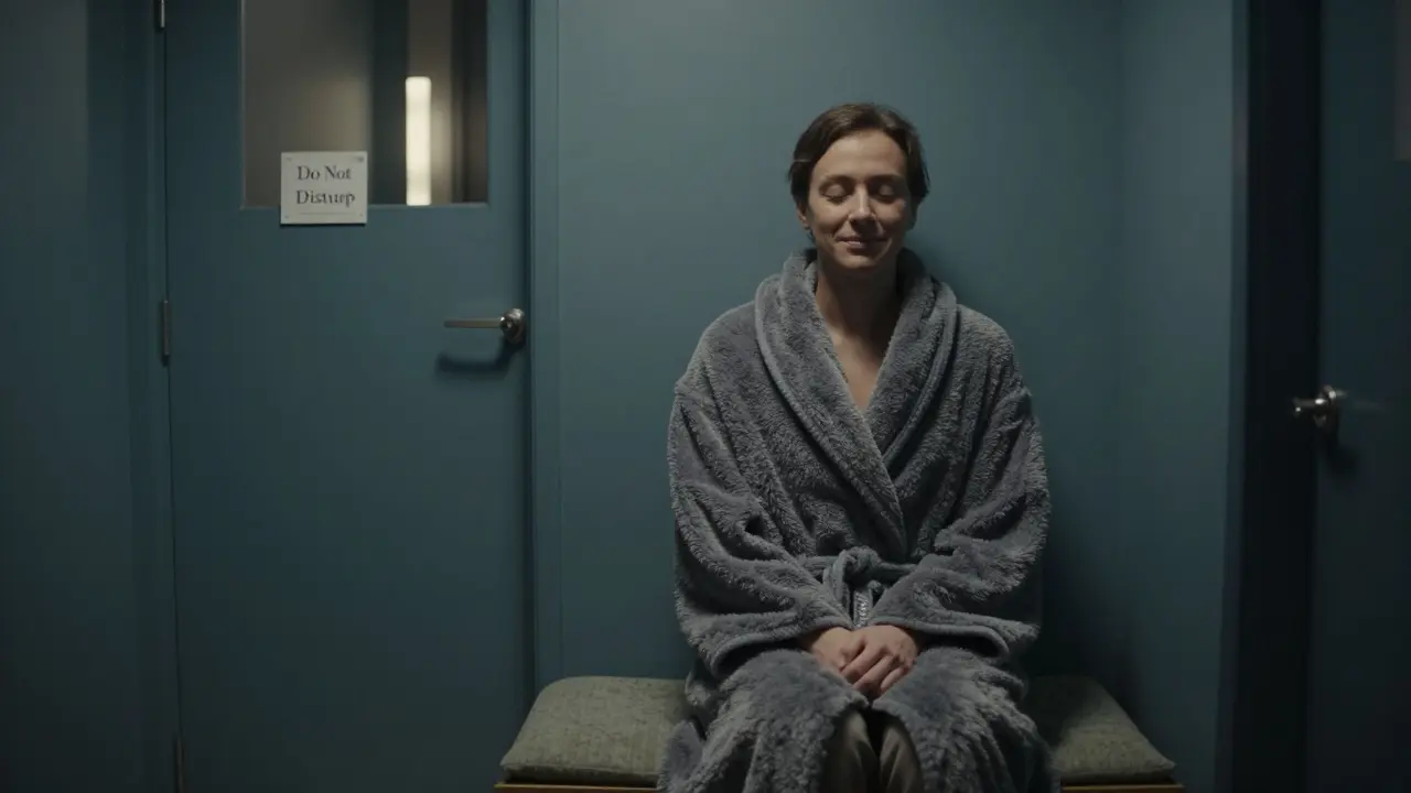 A person wrapped in a robe, smiling calmly in a quiet studio hallway.