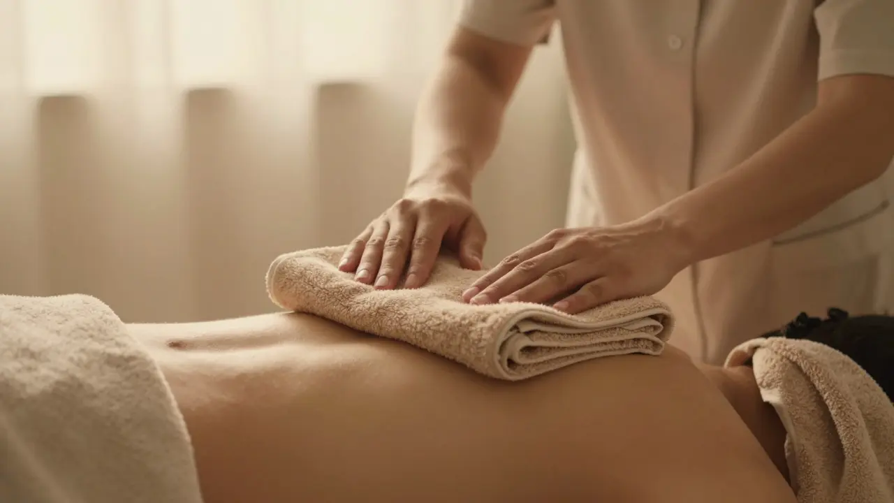 A practitioner gently placing a warm towel on a person's back, with blurred surroundings.