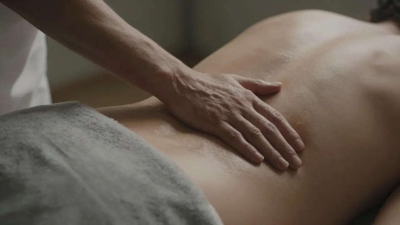 A therapist's forearm gliding over a draped back, oil glistening under gentle light.