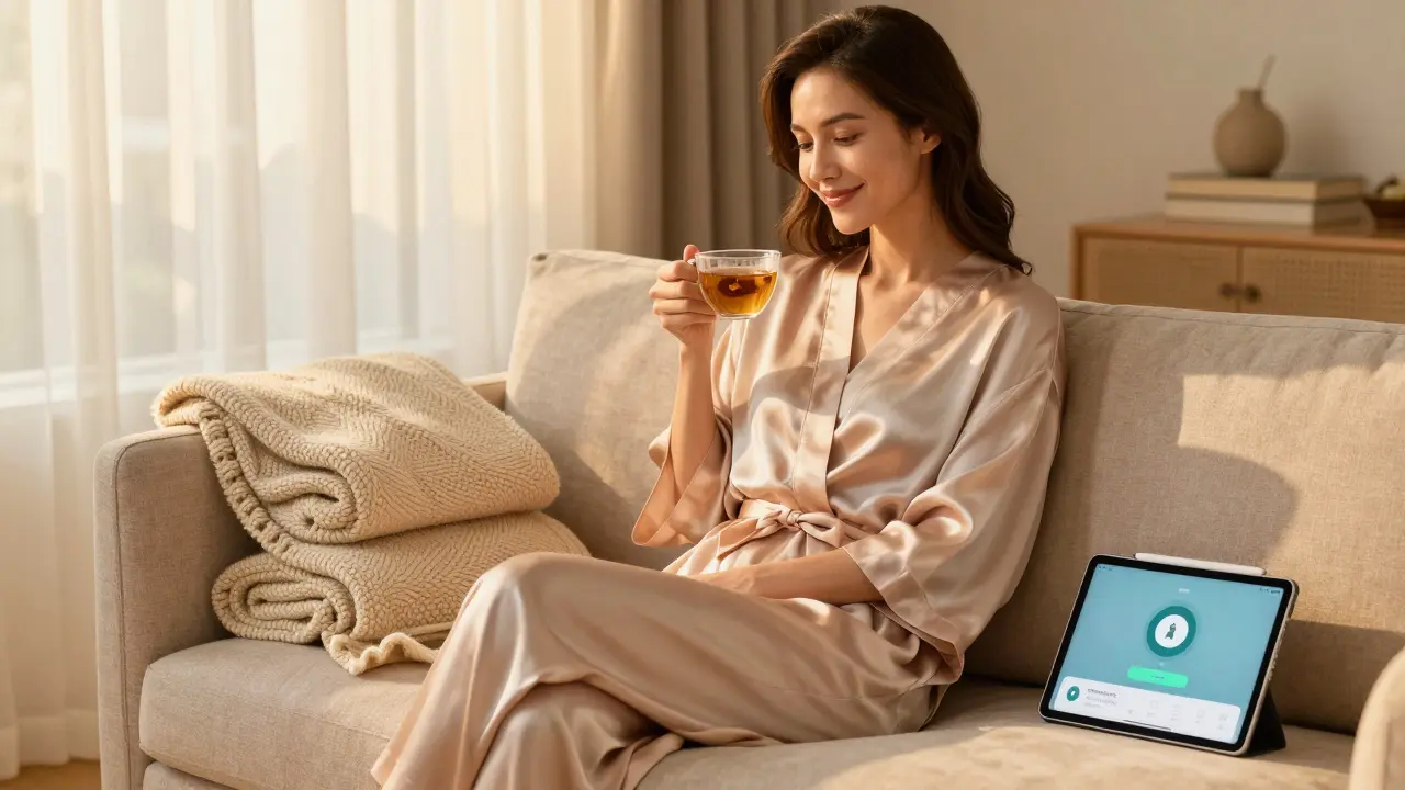 A woman in a silk robe sipping tea in a calm, elegantly decorated living room.
