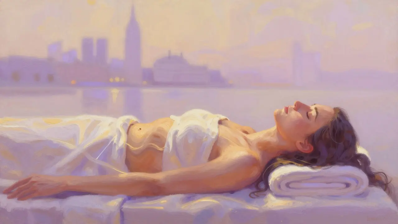 Abstract art of energy flow with blurred city skyline.