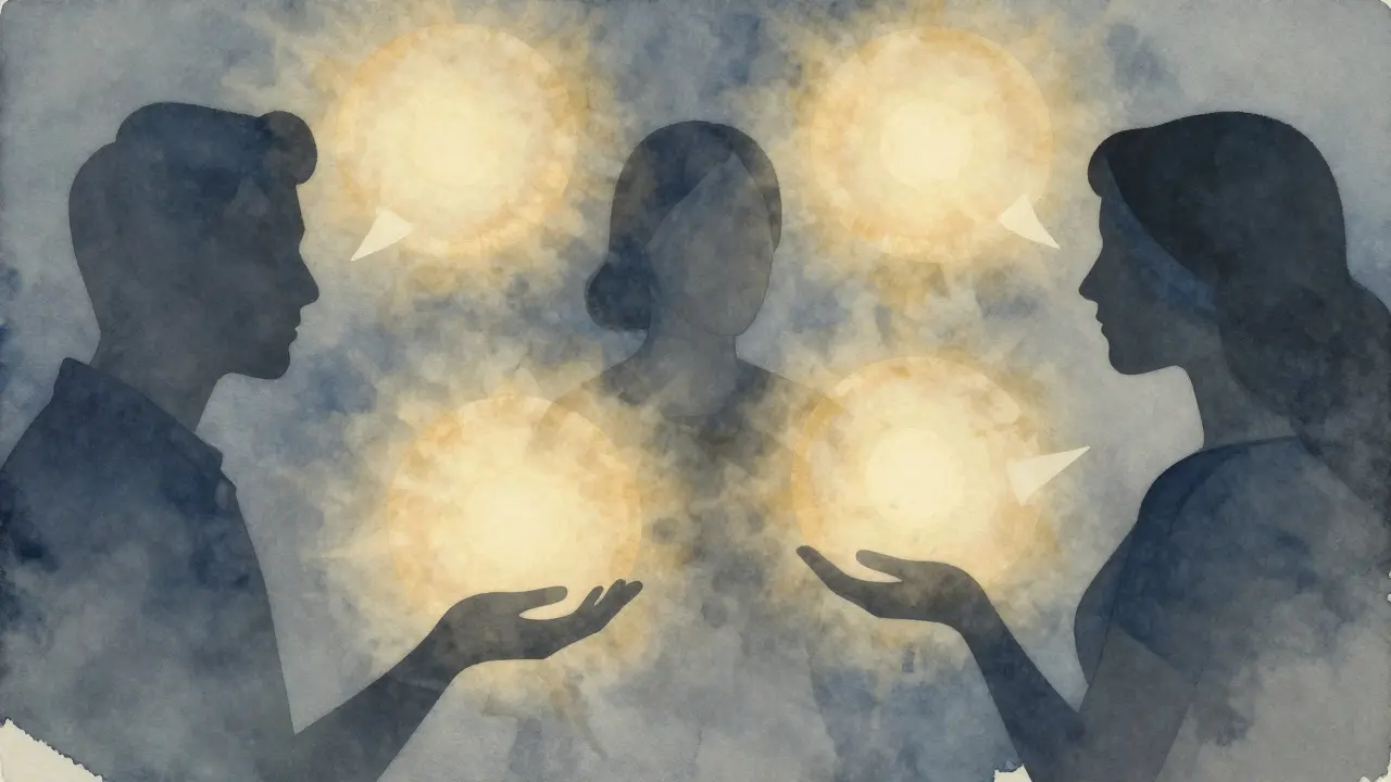 Abstract figures connected by glowing lights