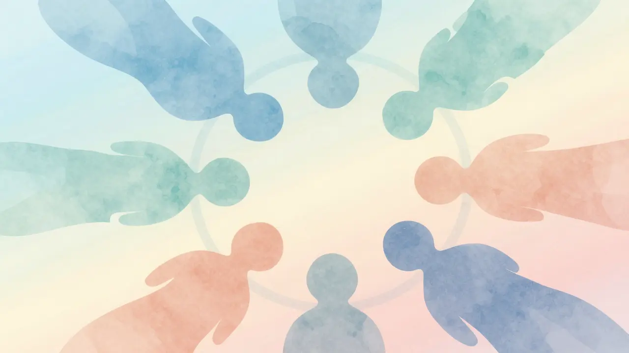 Abstract shapes in blue and peach representing emotional connection and wellness