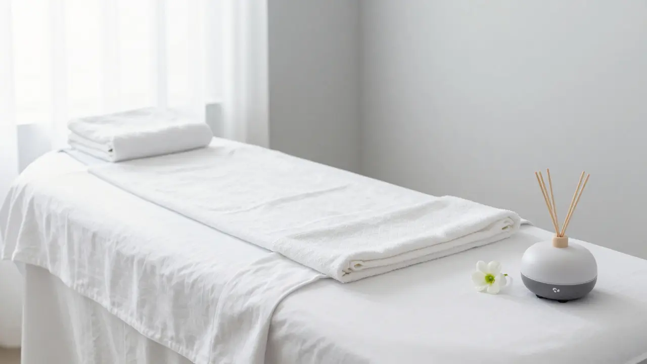 Clean treatment table with linens and diffuser.