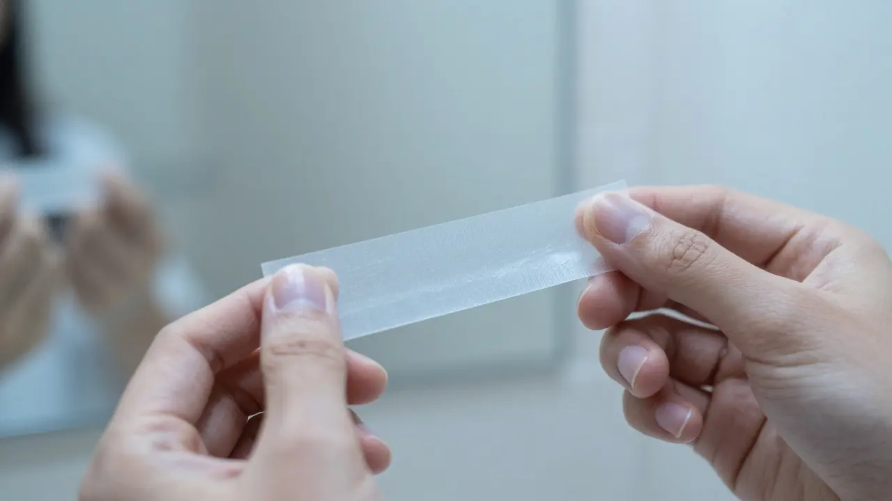 Close-up of a dental dam being unrolled slowly between fingers.