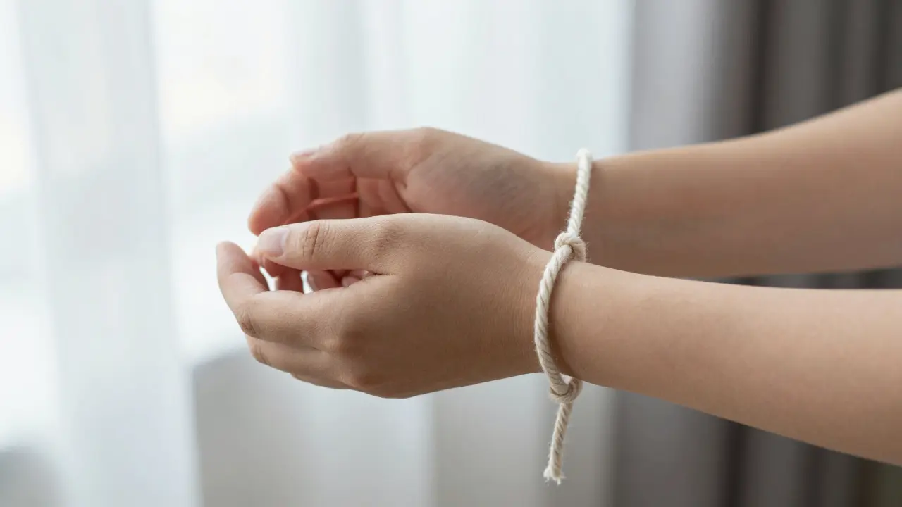 Close-up of hands loosely bound with cotton rope, natural light, no skin visible, emphasizing gentle restraint.