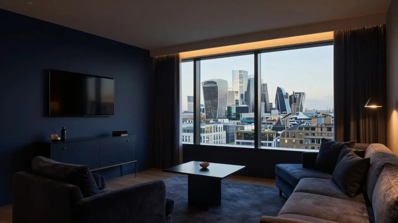 Cozy private hotel suite interior with city view