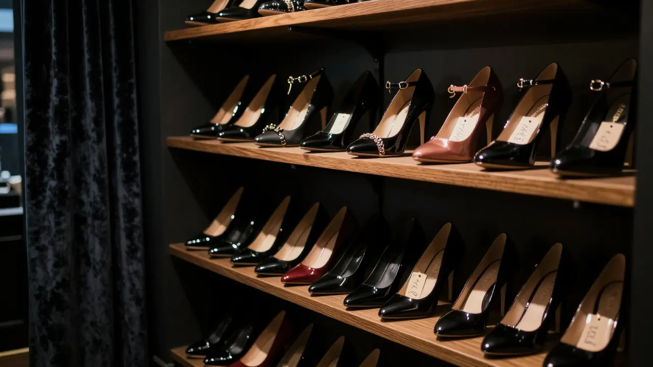 Discreet London boutique with velvet curtains and shelves of fetish footwear under soft lighting.