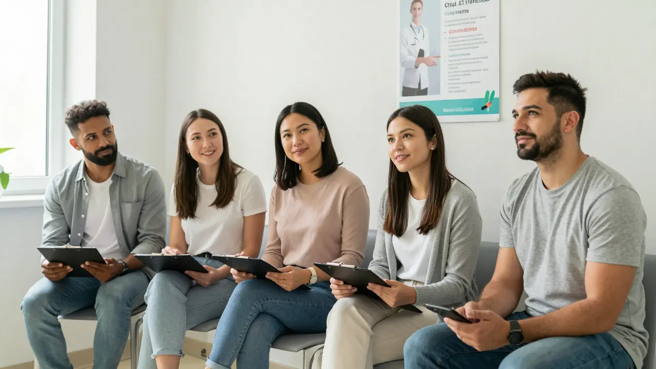 Four diverse people smiling calmly in a clinic waiting room, surrounded by health resources.