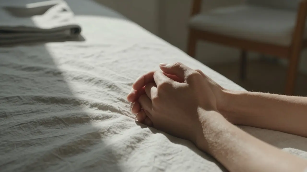 Hands gently holding each other on a bed with natural light and folded clothes in background