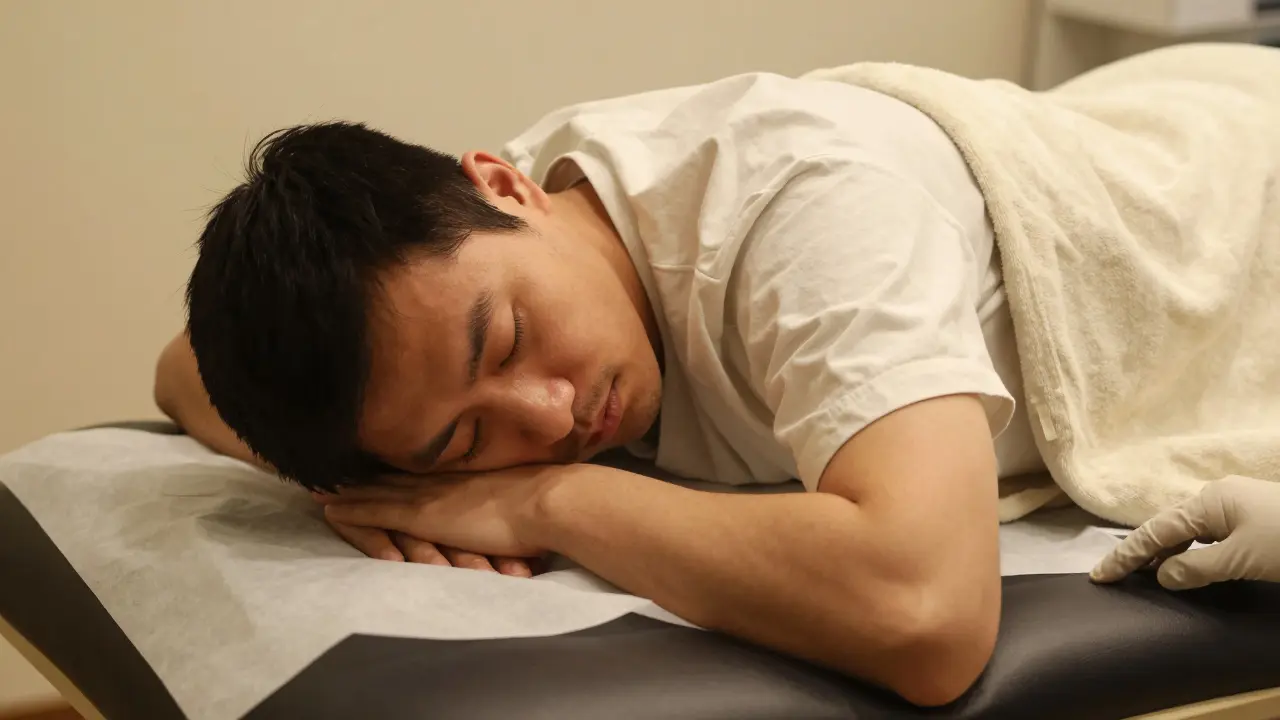 Man lying relaxed on his side during a prostate massage, covered by a soft blanket.