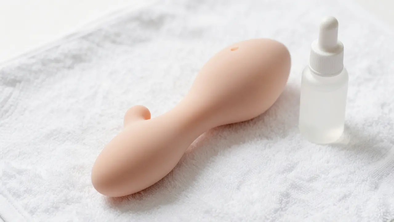 Medical-grade silicone prostate massager on a clean towel with lubricant nearby.