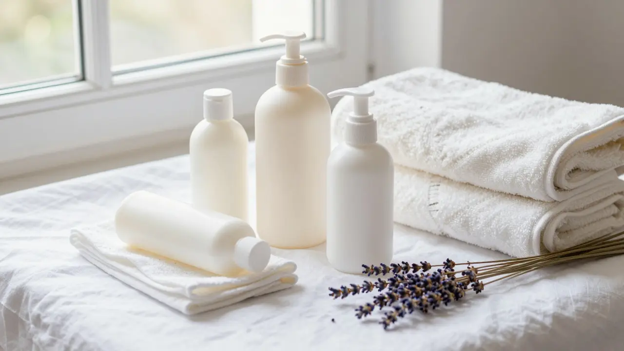 Neatly arranged hygiene and comfort supplies on linen.