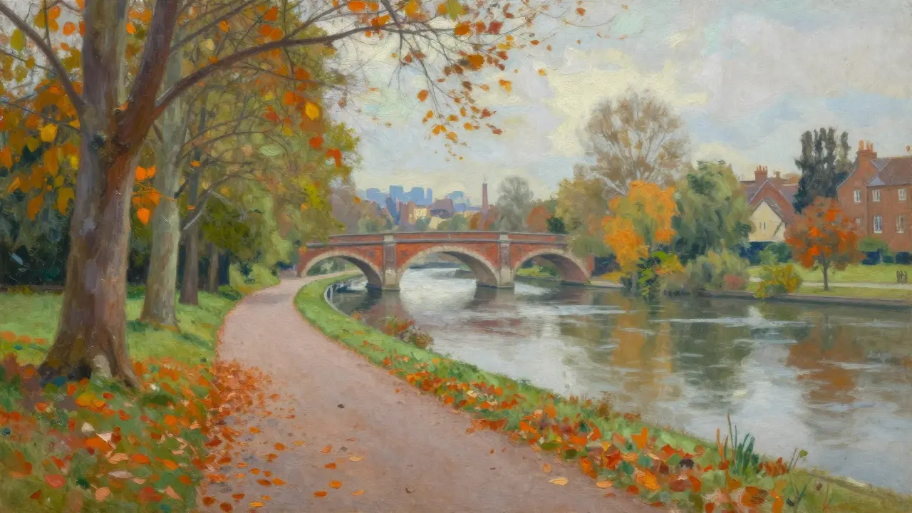 Peaceful riverside path in Richmond with autumn trees.