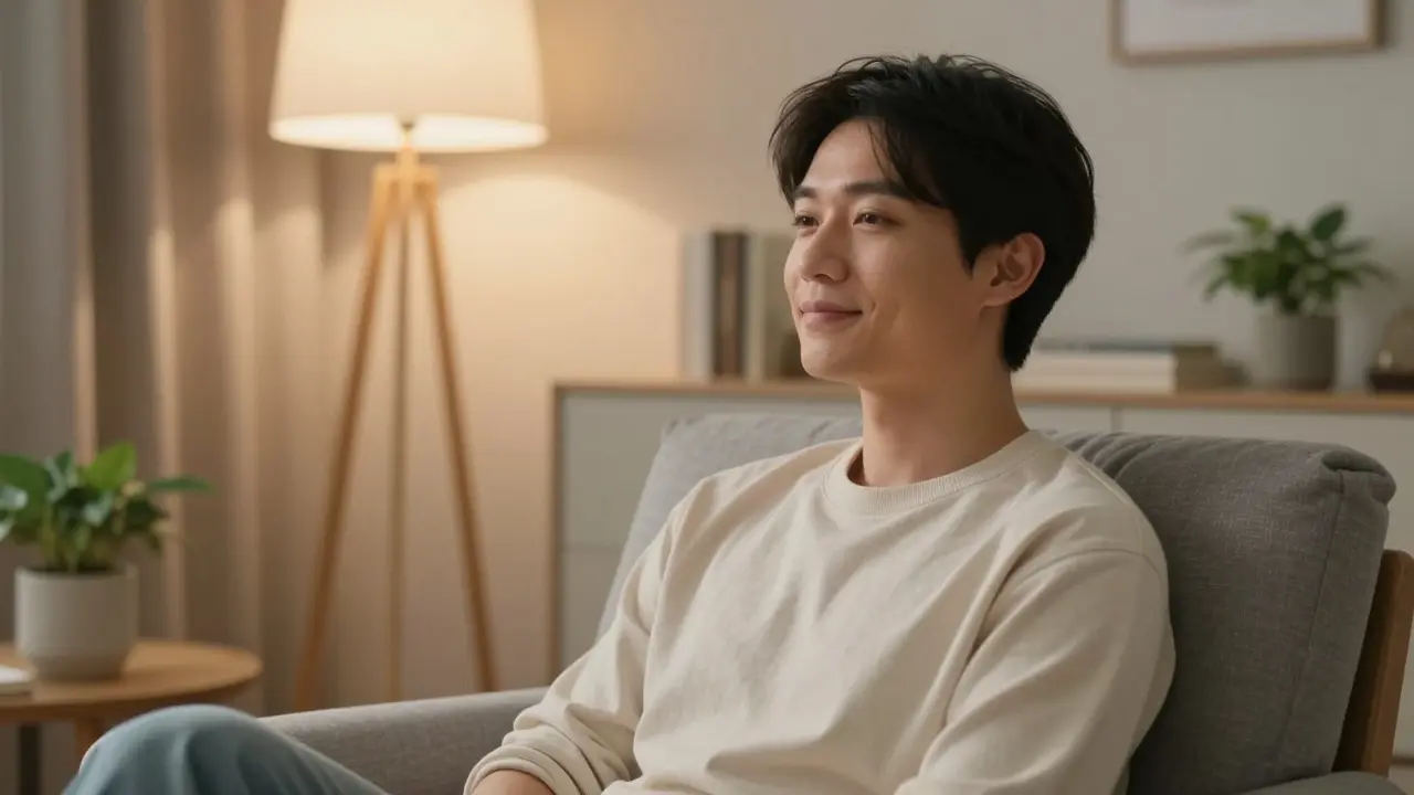 Person reflecting calmly in warmly lit apartment setting