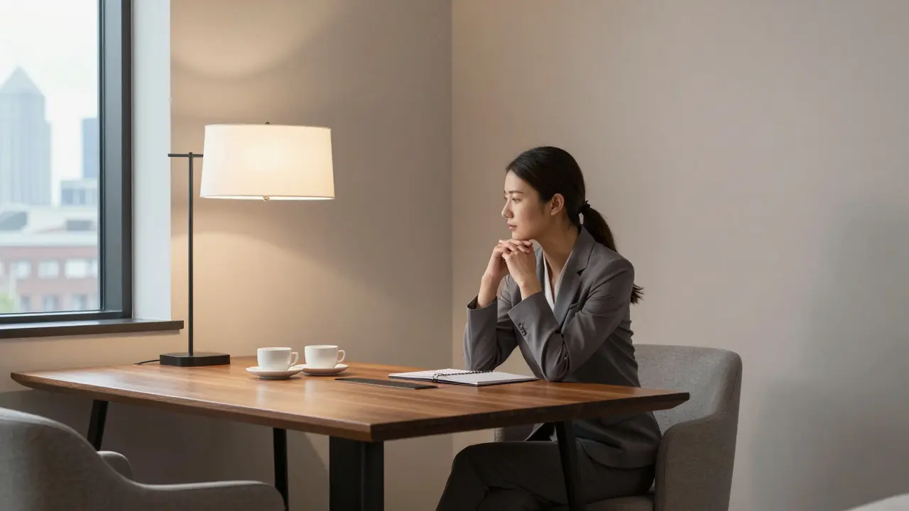 Person relaxing in elegant hotel suite with city view through window