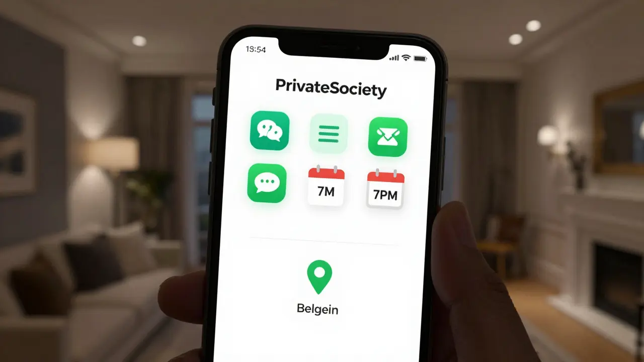 Smartphone screen showing a verified booking confirmation on PrivateSociety in Belgravia.
