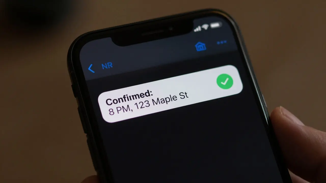 Smartphone screen showing an encrypted message confirming a private meeting time and address.