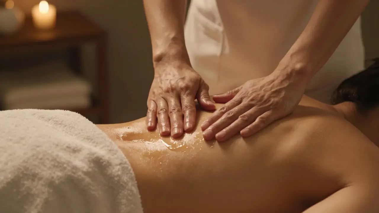 Therapist's hands applying oil in slow strokes to a back covered by a towel.