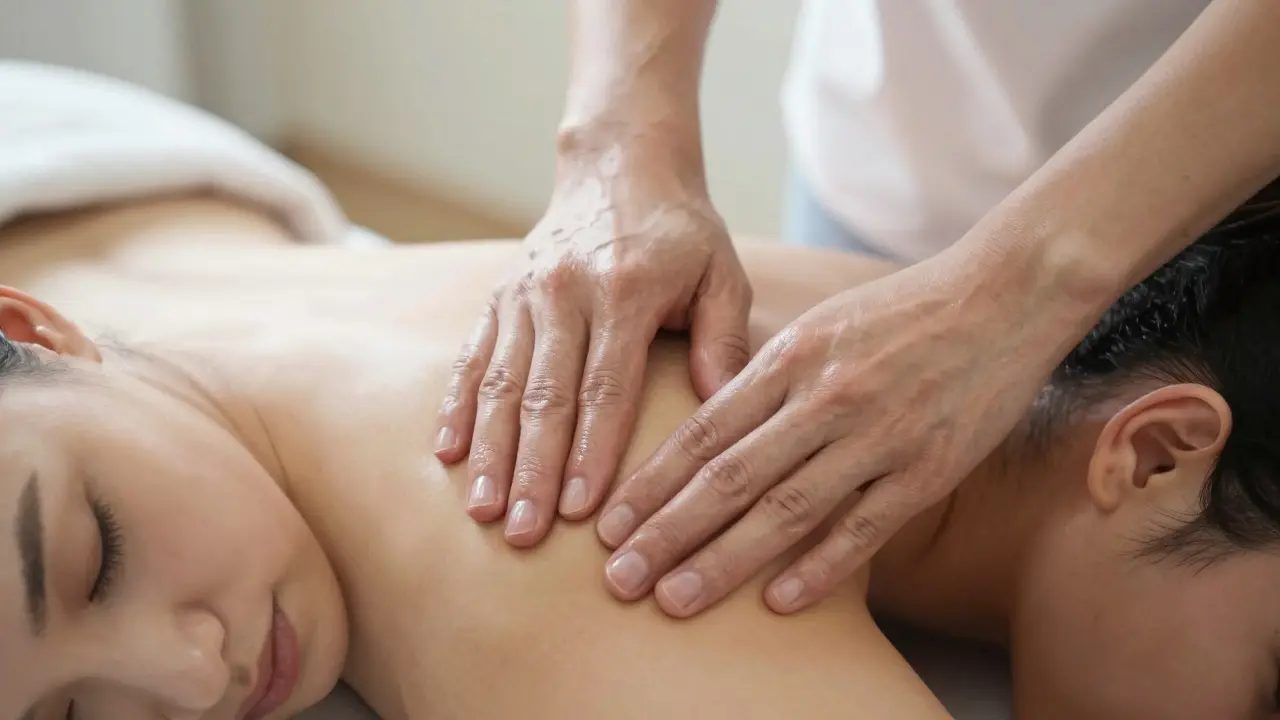 Therapist's hands gently working on a client's shoulder during a massage.