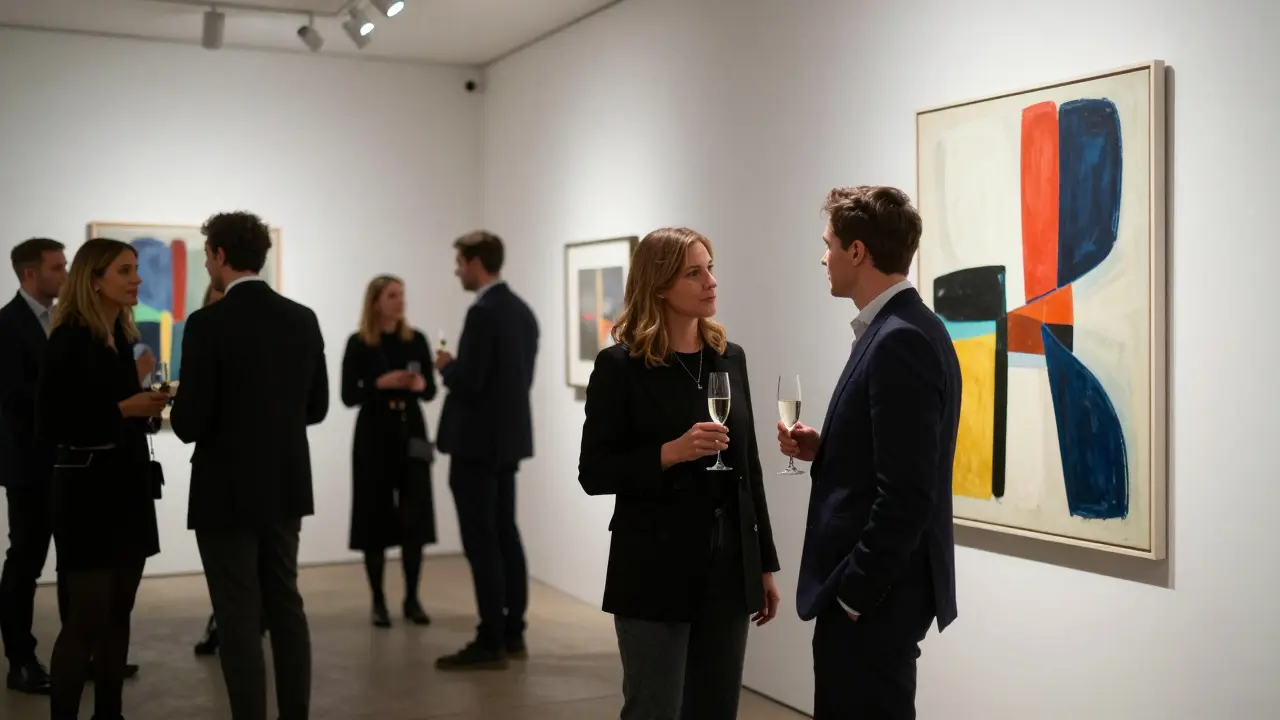 Two individuals attending an art gallery event with drinks