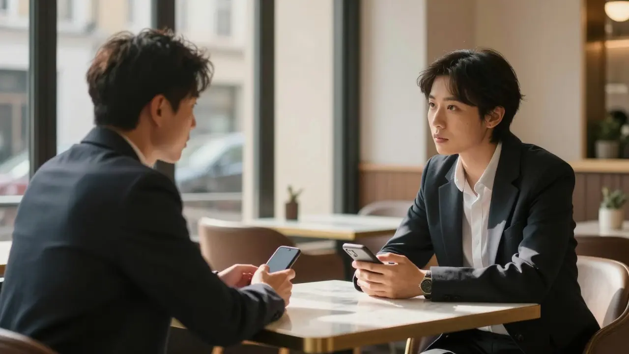 Two people meeting safely in an upscale London cafe.