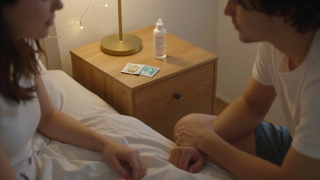 Two people talking intimately beside a nightstand with a condom and dental dam visible.