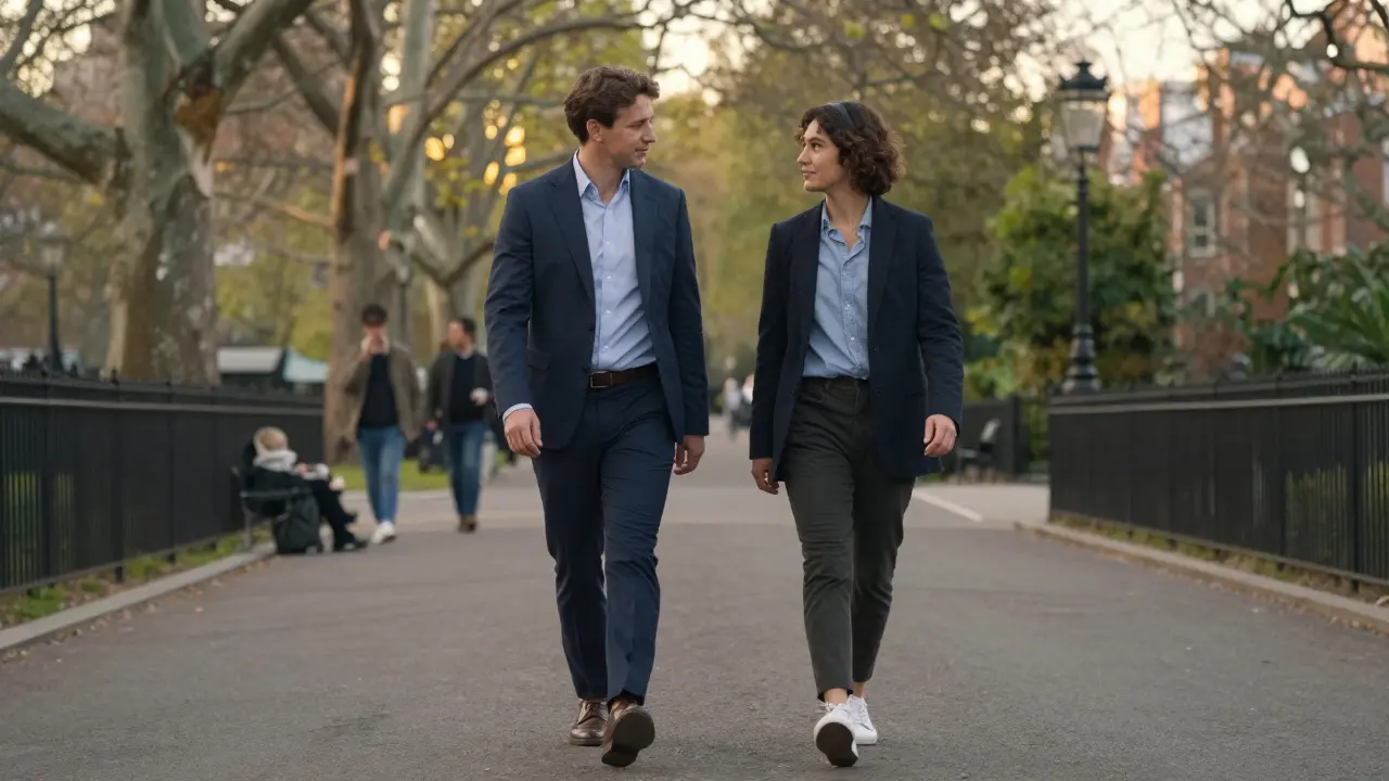 Two people walking casually in Hyde Park, one in a suit and one in casual clothes, engaged in quiet conversation without physical intimacy.